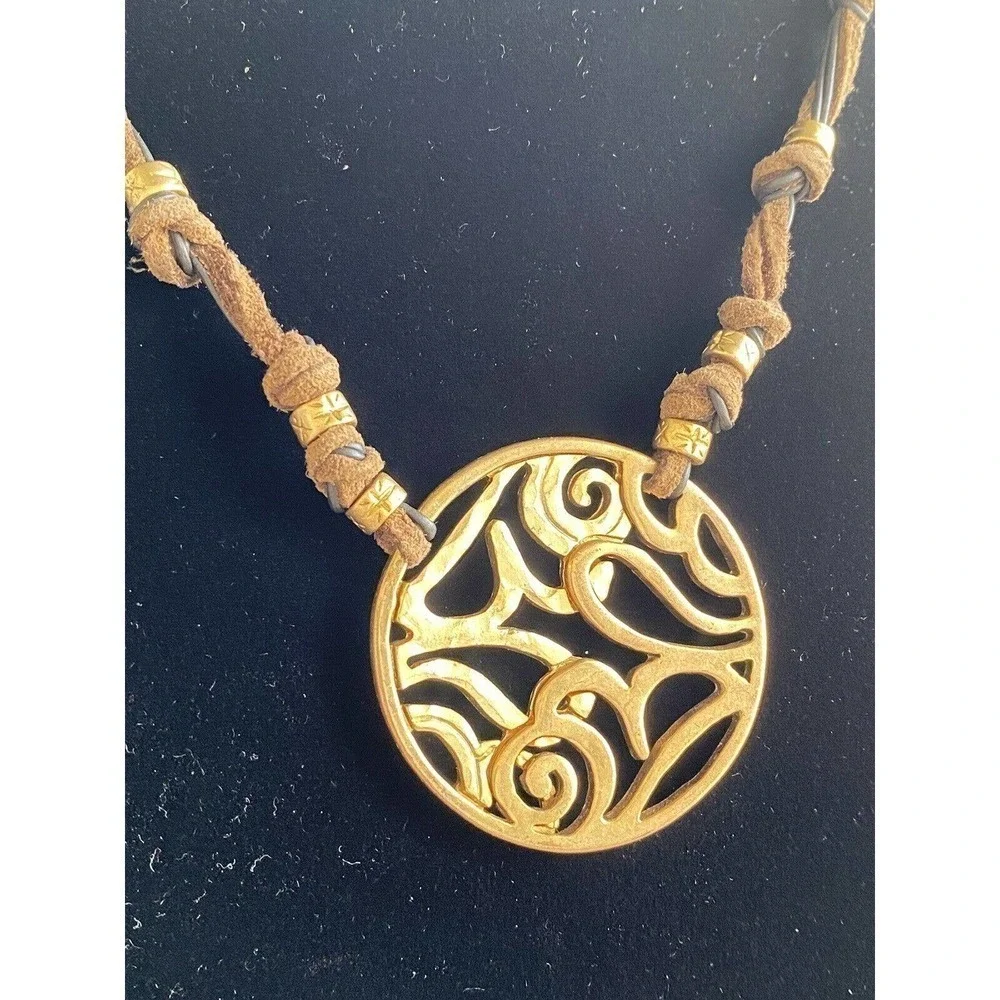 Chico’s Necklace Faux Leather Cord Gold Tone Pendant 18”